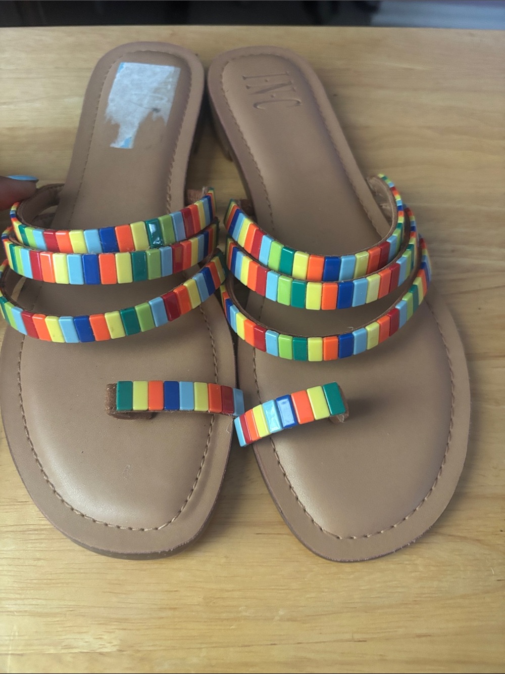 INC International Concepts Tan Sandals with Multicolor Beaded Straps